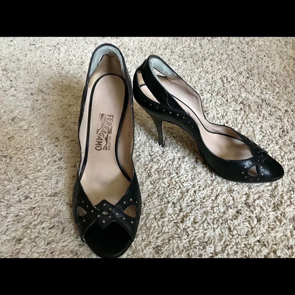 Ferragamo Black Peep Toe Heels - Size 10